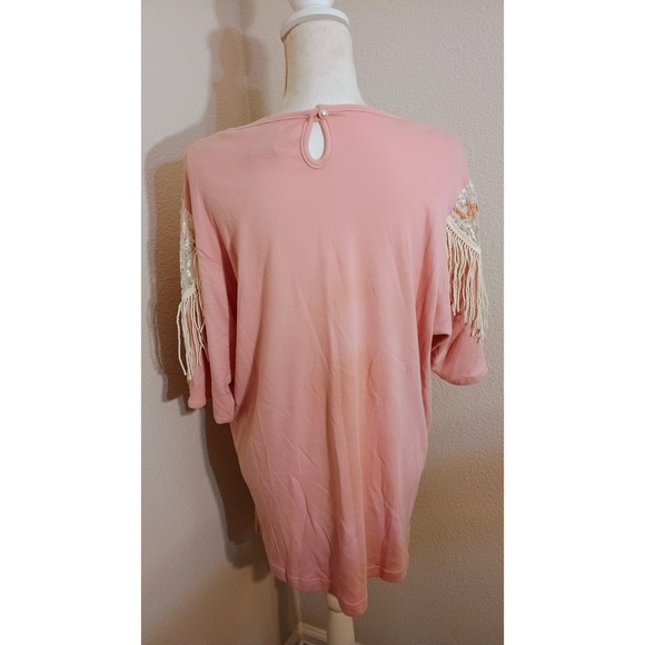 Vintage Lacy Afternoon Pink beaded Embroidered Floral Fringe Top Women's large - Picture 7 of 11